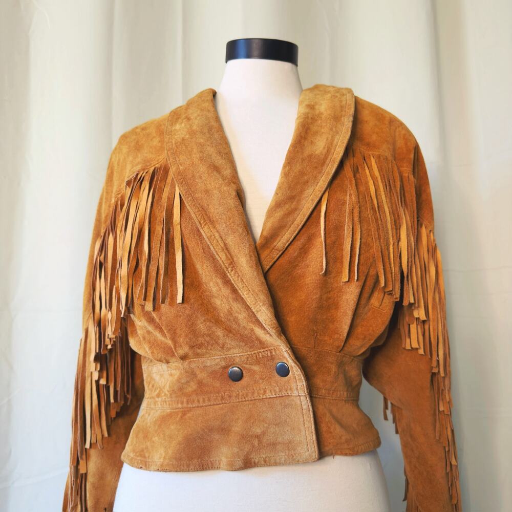 VTG 80s Michael Joseph Cropped Fringe Leather Jacket size Medium - Picture 2 of 11